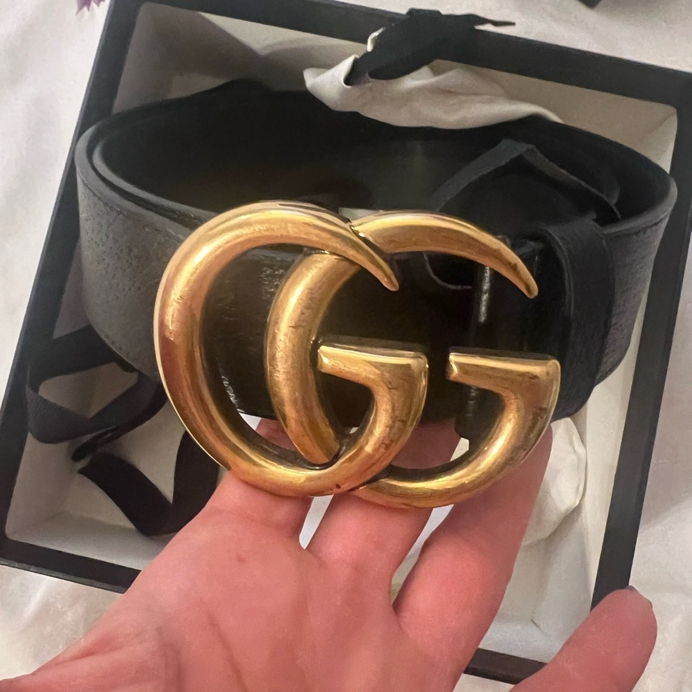 GUCCI WIDE LEATHER BELT WITH DOUBLE G BUCKLE Black & Gold